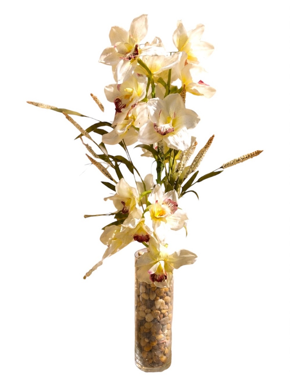 White Orchid Artificial Arrangement in Glass Vase with River Rocks